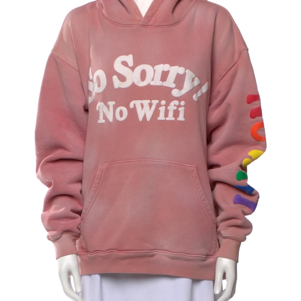 Madhappy So Sorry No Wifi Pink Hoodie with Rainbow Sleeve Detail